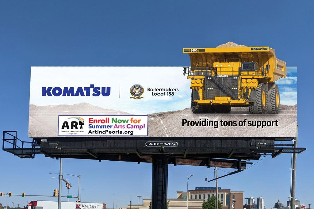 Komatsu gives a nod to Local 158, including the Boilermaker seal in its latest billboard honoring local Peoria, Illinois, charity ART, Inc. Komatsu recognizes different community nonprofits through billboards it takes out as part of the company’s Tons of 